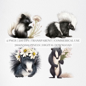 Cute Skunk Clipart, Skunks PNG Files For Sublimation, Skunk Clip Art, Adorable Floral Skunk Prints, Printable Wall Art, Commercial Use