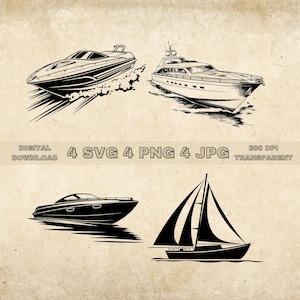 Boat SVG Bundle, PNG, Speed Boat And Yacht Clipart, Hand Drawn Boats Vector Illustration, SVG Files For Laser Engraving