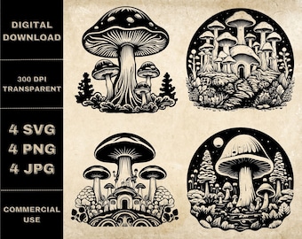 Celestial Mushroom SVG Bundle, PNG, Mushroom Clipart, Hand Drawn Mushrooms Vector Illustration, SVG Files For Laser Engraving