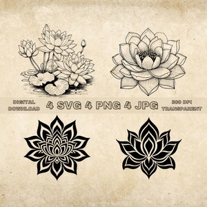 Lotus Flower SVG Bundel, PNG, Floral Clipart, Handgetekende Lotus Grafische Illustratie, SVG-bestanden voor lasergravure