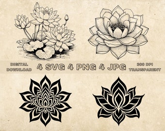 Lotus Flower SVG Bundle, PNG, Floral Clipart, Hand Drawn Lotus Graphic Illustration, SVG Files For Laser Engraving
