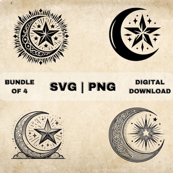 三日月と星の SVG バンドル、月のクリップアート、手描きの天体テーマ