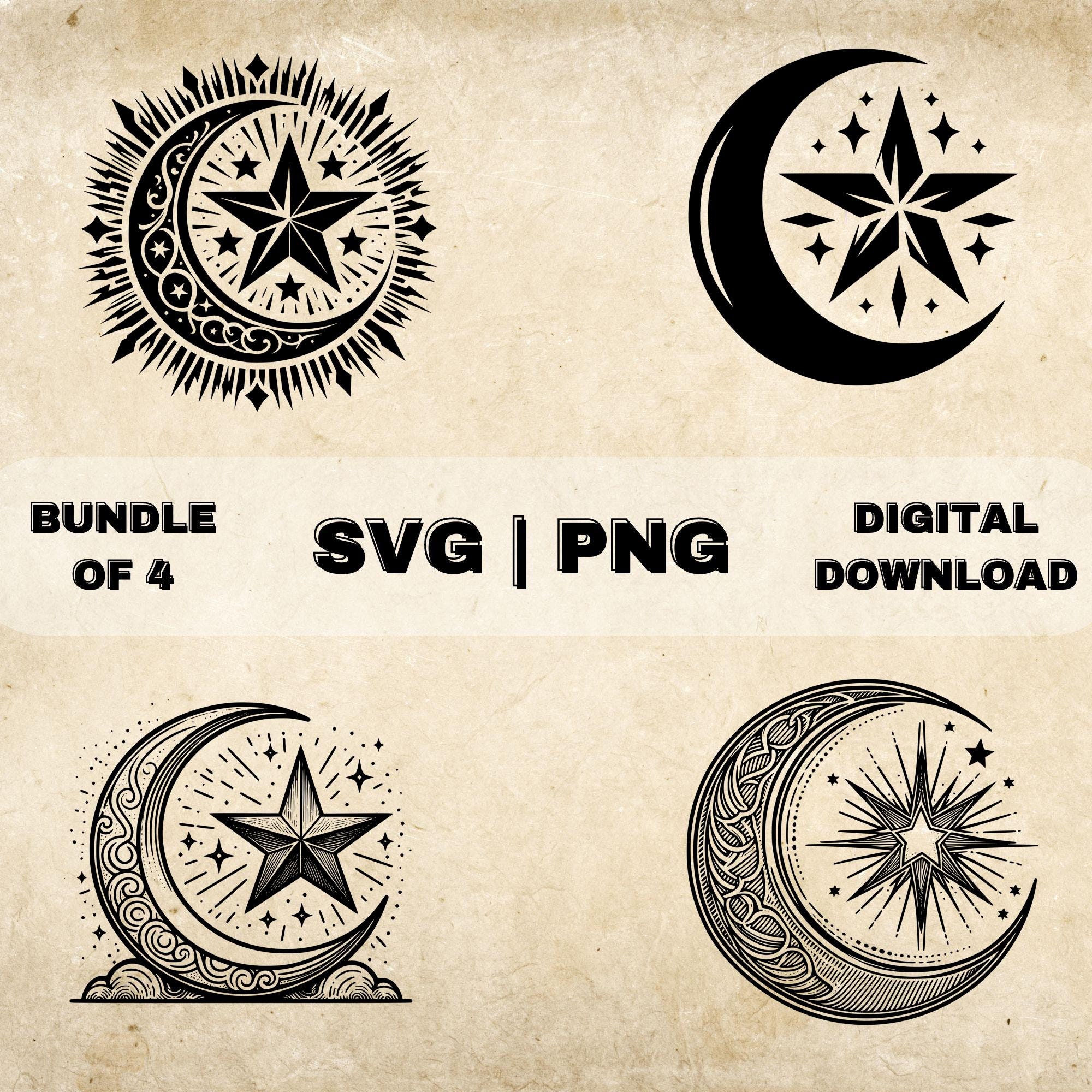 三日月と星の SVG バンドル、月のクリップアート、手描きの天体テーマ