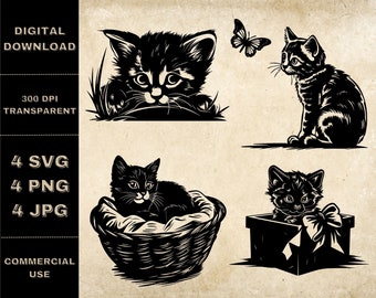 Cute Cat SVG Bundle, PNG, Kitten Clipart, Hand Drawn Cat With Butterfly Vector Illustration, SVG Files For Laser Engraving