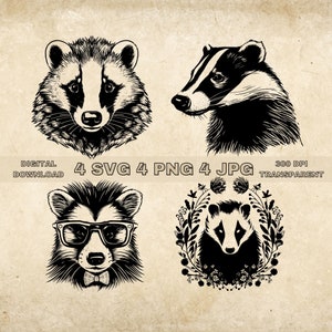 Badger SVG Bundle, PNG, Badger Clipart, Hand Drawn Badger Vector Illustration, SVG Files For Laser Engraving
