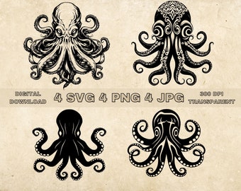 Octopus SVG Bundle, PNG, Sea Animal Clipart, Hand Drawn Octopus Vector Illustration, SVG Files For Laser Engraving