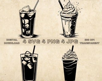 Iced Coffee SVG Bundle, PNG, Ice Coffee Clipart, Hand Drawn Frappuccino Vector Illustration, SVG Files For Laser Engraving