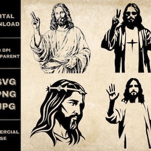 Cool Jesus SVG Bundle, PNG, Funny Jesus Clipart, Hand Drawn Jesus Peace Sign Vector Illustration, Archivos SVG para grabado láser