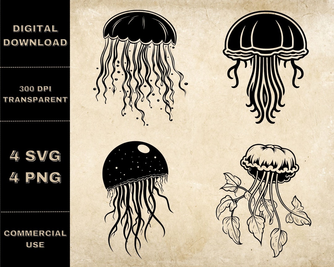 Jellyfish SVG Bundle, PNG, Floral Jelly Fish Clipart, Hand Drawn