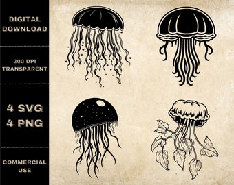 Jellyfish SVG Bundle, PNG, Floral Jelly Fish Clipart, Hand Drawn Jellyfish Vector Illustration, SVG Files For Laser Engraving