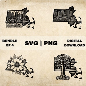 Massachusetts State SVG Bundle, Massachusetts Clipart, Boston Skyline, Flower, Roots Theme Vector, PNG Files For Laser Engraving & Craft