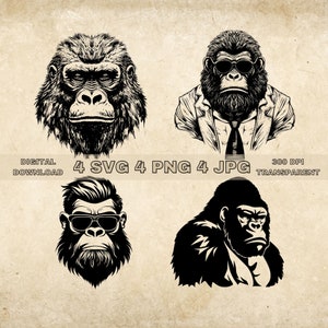 Gorilla SVG Bundle, PNG, Cool Gorilla Clipart, Hand Drawn Gorillas Vector Illustration, SVG Files For Laser Engraving