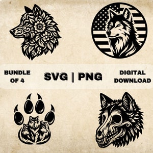 May include: A digital download bundle of four black and white wolf illustrations. The illustrations include a wolf with floral details, a wolf with a skull, a wolf with an American flag background, and a wolf paw print with three wolves inside.