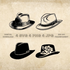 Fedora Hat SVG Bundle, PNG, Fedora Hat Clipart, Hand Drawn Hats Vector Illustration, SVG Files For Laser Engraving