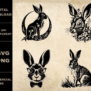 Lièvre SVG Bundle, PNG, Floral Rabbit Clipart, Illustration vectorielle de lapin dessiné à la main, fichiers SVG pour gravure laser