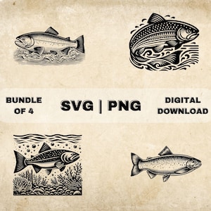 Salmon SVG Bundle, Salmon Fish Clipart, Hand Drawn Salmon Fishing Lover Theme Vector Illustration, PNG Files For Laser Engraving & Craft