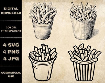 Pommes frites SVG-paket, PNG, snabbmatsclipart, handritad pommes frites-vektorillustration, SVG-filer för lasergravering