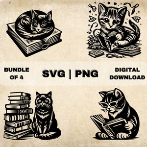 Paquete SVG de gato amante de libros, PNG, imágenes prediseñadas de lectura de gatos, ilustración vectorial temática de gatos dibujados a mano, archivos SVG para grabado láser y artesanía