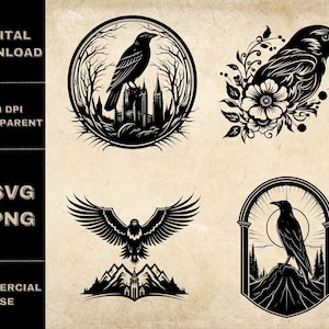 Raven SVG bundel, PNG, Black Bird clipart, hand getrokken kraaien vectorillustratie, SVG-bestanden voor lasergravure
