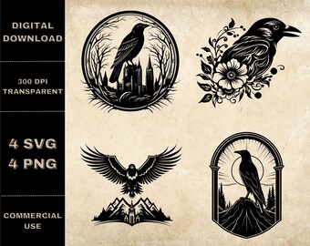 Raven SVG Bundle, PNG, Black Bird Clipart, Hand Drawn Crows Vector Illustration, SVG Files For Laser Engraving