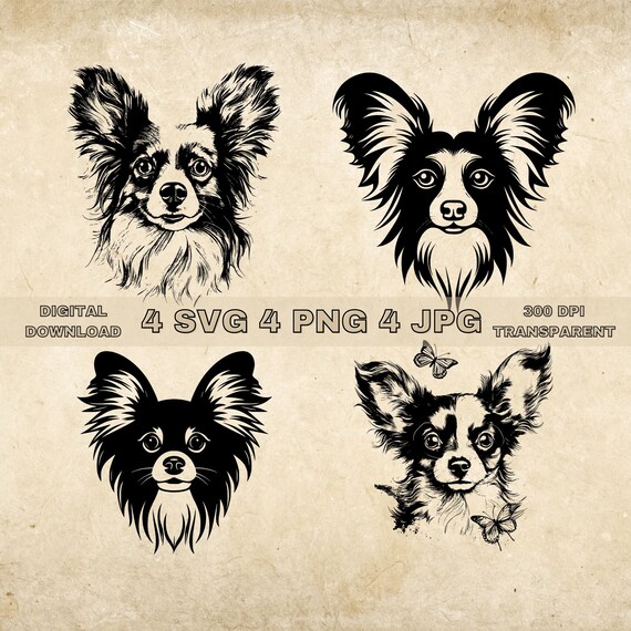 パピヨン SVG バンドル、PNG、犬のクリップアート、手描きの犬の