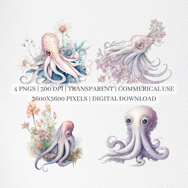 Squid Clipart, Watercolor Squid PNG Files For Sublimation, Squids Clip Art, Squid Prints, Printable Wall Art, Commercial Use