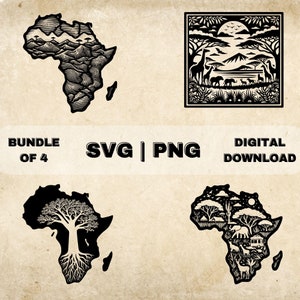 Afrikaanse SVG bundel, Afrika kaart clipart, safari dieren, wortels, Afrikaanse landschapskunst thema vector, PNG-bestanden voor lasergravure & ambacht