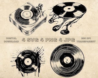 Vinyl Record SVG Bundle, PNG, Music Clipart, Hand Drawn Vinyl Record Vector Illustration, SVG Files For Laser Engraving