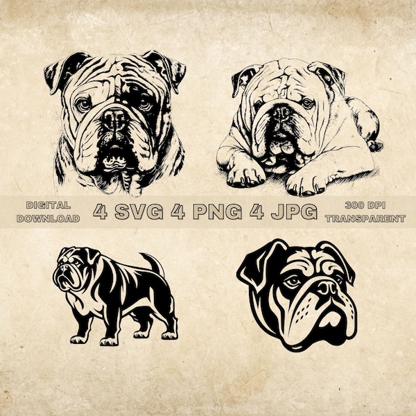 English Bulldog SVG Bundle, PNG, Cute Dogs Clipart, Hand Drawn Dog Vector Illustration, SVG Files For Laser Engraving