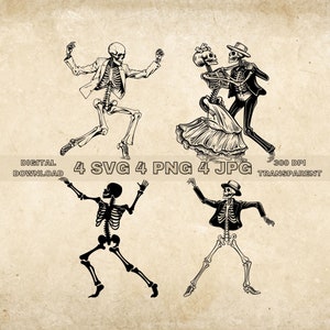 May include: Four black and white skeleton illustrations. Two skeletons are dancing, one is a male skeleton wearing a hat and the other is a female skeleton wearing a dress. The other two skeletons are dancing in a similar pose.