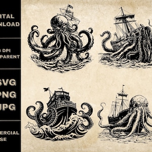 Kraken SVG Bundle, PNG, Shipwreck Octopus Clipart, Hand Drawn Sea Monster Illustration, SVG Files For Laser Engraving