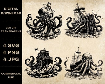 Kraken SVG Bundle, PNG, Shipwreck Octopus Clipart, Hand Drawn Sea Monster Illustration, SVG Files For Laser Engraving
