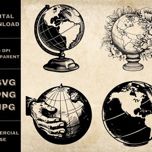 Globe SVG Bundle, PNG, Floral Planet Earth Clipart, Hand Drawn Globe Vector Illustration, SVG Files For Laser Engraving