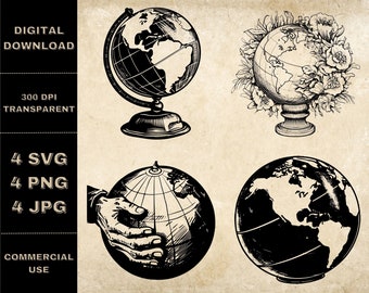 Globe SVG Bundle, PNG, Floral Planet Earth Clipart, Hand Drawn Globe Vector Illustration, SVG Files For Laser Engraving