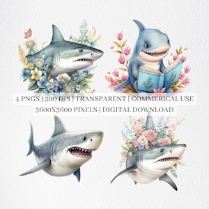 Cute Shark Clipart, Sharks PNG Files For Sublimation, Shark Clip Art, Adorable Floral Shark Prints, Printable Wall Art, Commercial Use