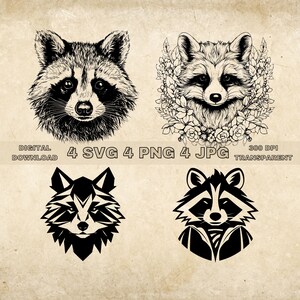 Raccoon SVG Bundle, PNG, Raccoon Clipart, Hand Drawn Raccoons Vector Graphic Illustration, SVG Files For Laser Engraving