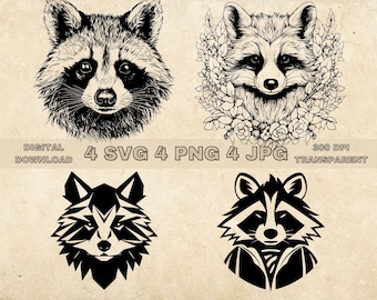 Raccoon SVG Bundle, PNG, Raccoon Clipart, Hand Drawn Raccoons Vector Graphic Illustration, SVG Files For Laser Engraving