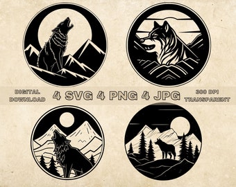 Vargscen SVG-paket, PNG, ylande varg Clipart, handritade vargar vektorillustration, SVG-filer för lasergravering