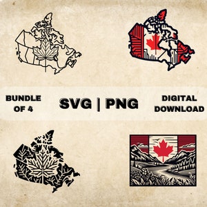 Pacote SVG do Canadá, clipart de folha de bordo canadense, mapa de paisagem de Canda, vetor de tema de arte de flores, arquivos PNG para gravação a laser e artesanato