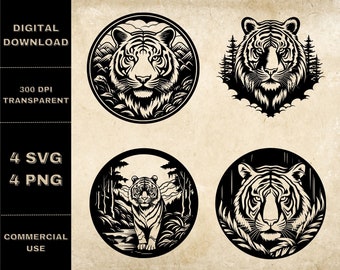 Tiger SVG-paket, PNG, Clipart med vilda djur, handritad tigervektorillustration, SVG-filer för lasergravering