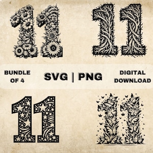 Number 11 SVG Bundle, 11th Birthday Clipart, Hand Drawn Eleven Themed Vector Illustration, SVG Files For Laser Engraving & Craft