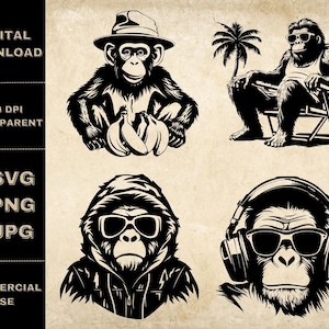 Monkey SVG Bundle, PNG, Funny Monkey Clipart, Hand Drawn Cool Monkey Vector Illustration, SVG Files For Laser Engraving