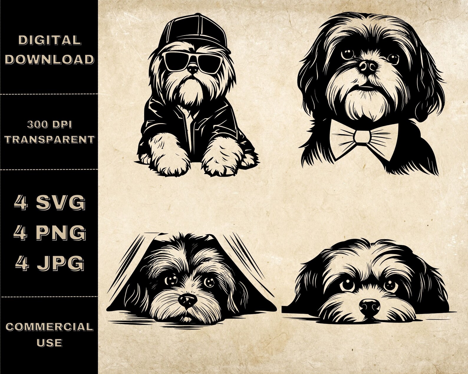 Shih Tzu SVG Bundle, PNG, Cool Dog Clipart, Hand Drawn Peeking Dog ...