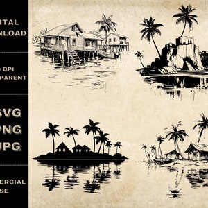 Pacote SVG de cena de praia, PNG, clipart de ilha tropical, ilustração vetorial de férias de palmeiras desenhadas à mão, arquivos SVG para gravação a laser