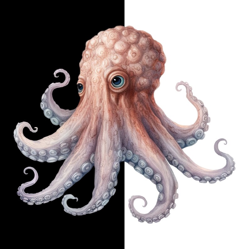 May include: A watercolor painting of an octopus with eight tentacles. The octopus is pink with blue eyes and is on a white background.
