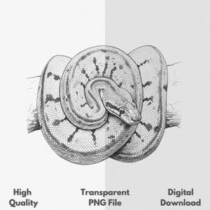 Peut inclure: Illustration en noir et blanc d'un serpent enroulé. Le serpent présente un corps à motifs et repose sur une branche. L'image comprend le texte "High Quality", "Transparent PNG File" et "Digital Download".