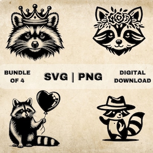 Bundle SVG raton laveur, clipart mignon raton laveur, illustration vectorielle dessinés à la main sur le thème des ratons laveurs, fichiers SVG pour gravure laser et travaux manuels