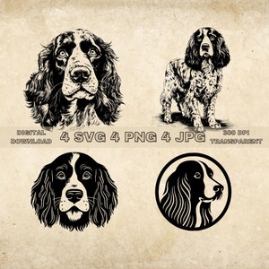 English Springer Spaniel SVG Bundle, PNG, Dogs Clipart, Hand Drawn Dog Vector Illustration, SVG Files For Laser Engraving