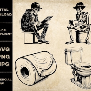 Grappige toiletbril SVG bundel, PNG, badkamer clipart, hand getekend grappig skelet in toilet illustratie, SVG-bestanden voor laser gravure