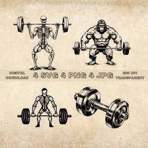 May include: A set of four digital illustrations featuring a skeleton, a gorilla, and a muscular figure lifting weights. The illustrations are in black and white and have a vintage style.